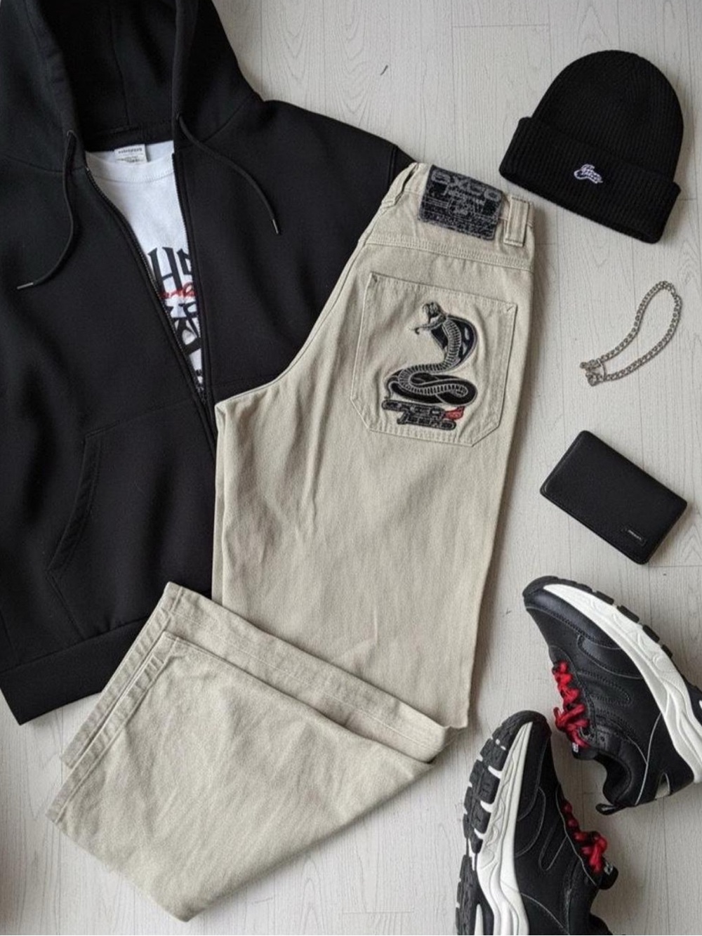 Y2K Exco Jeans Beige Denim Black Cobra Embroidered Logo Pocket Design 28